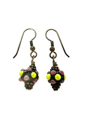 Lampwork Bead Dangle Earrings Bright Yellow-Green & Purple-Pink Glass Silver